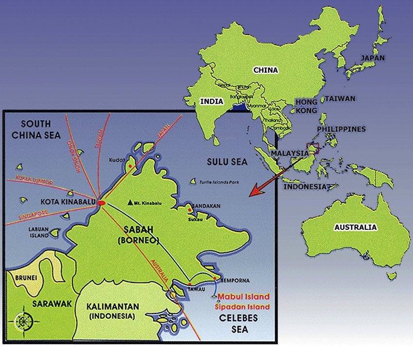 Map of South-East Asia with an inset of Sabah, Borneo, marking Mabul Island and Sipadan Island